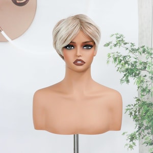 Silver Blonde Mixed Light Ash Highlight Pixie Short Wig,6 Inch,Adjustable Cap,Breathable Scalp,Handmade Human Hair for Daily Cosplay