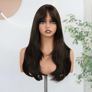 Cool Dark Chocolate Brown Layered Inward Flip Long Straight Wig,20 Inch,Adjustable Cap,Breathable Scalp,Handmade Human Hair for Daily Party