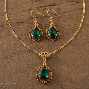 Conjunto de joyería victoriana de plata de ley 925 con esmeraldas, collar y pendientes con piedras preciosas verdes talla pera, regalo vintage para novias. imagen 4