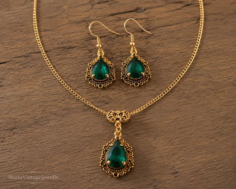 Conjunto de joyería victoriana de plata de ley 925 con esmeraldas, collar y pendientes con piedras preciosas verdes talla pera, regalo vintage para novias. imagen 4