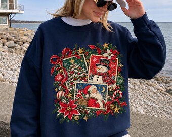 クリスマスツリーと雪だるまのクルーネック、ヴィンテージサンタのクリスマスプルオーバー、女性用レトロホリデーセーター、快適なクリスマススウェットシャツギフト