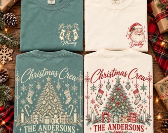 家族向けクリスマスクルーシャツ、家族の名前入りお揃いホリデーTシャツ、クリスマスグループTシャツ、家族向けクリスマス衣装ギフト