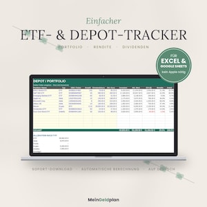 May include: A digital spreadsheet template for tracking investments, displayed on a laptop screen. The interface includes columns for asset names, ticker symbols, quantities, purchase prices, current values, and performance metrics in Euros.
