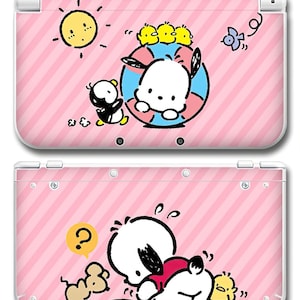 May include: A pink and white diagonal striped handheld gaming console skin featuring Pochacco characters. The top panel shows a sun, a bird, and Pochacco with three chicks. The bottom panel depicts Pochacco looking at a mouse with a question mark bubble.