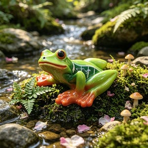 Puede incluir: Una figura de rana verde brillante con grandes ojos negros, pies naranjas y marcas blancas en los costados. La rana está situada sobre un suelo cubierto de musgo con pequeños hongos marrones y pétalos de flores rosas cerca de un arroyo.