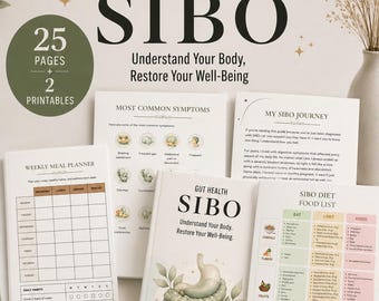 May include: A 25-page printable SIBO guide featuring a weekly meal planner, symptom tracker, and diet food list. The cover displays an illustration of the human digestive system with the text Complete SIBO Understand Your Body, Restore Your Well-Being.