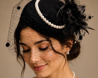 Black Pillbox Fascinator Hat, Birdcage Veil, Pearl & Feather Detail, Wedding Guest Accessory