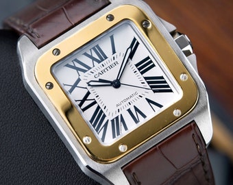 CARTIER Santos 100 XL Two Tone Gold Steel White Leather Automatic 3774 W20072X7