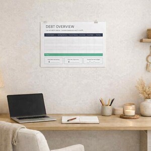 May include: A white wall-mounted debt overview tracker chart featuring a grid with columns for debt name, starting balance, interest rate, minimum payment, due date, and monthly payment, with sections for total debt remaining and target payoff date.