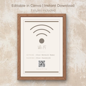 May include: A framed Wi-Fi sign with a wooden border featuring a signal icon, the text Wi-Fi, Network, Password, and a QR code. The top text reads Editable in Canva | Instant Download and 7 styles included. The design is on a light background.