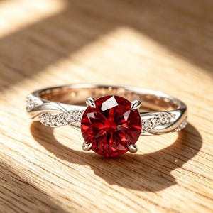Peut inclure: Une bague ornée d'une grande pierre rouge ronde à facettes, montée sur un anneau en métal argenté à quatre griffes. L'anneau présente un design torsadé de chaque côté, agrémenté de petites pierres claires étincelantes incrustées.