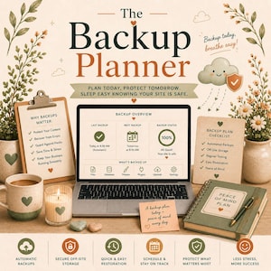 Peut inclure: Un ordinateur portable affichant un tableau de bord de sauvegarde, entouré d'un presse-papier avec une liste de contrôle, une tasse, une bougie, un agenda à spirales et une note indiquant, A backup plan today = peace of mind every day.