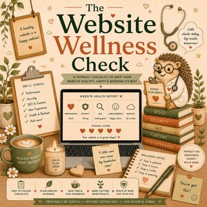 May include: A digital graphic titled The Website Wellness Check featuring a hedgehog doctor, a laptop displaying a health report, a clipboard with a checklist, a coffee mug, a candle, and a notebook with a pen, all decorated with heart icons.