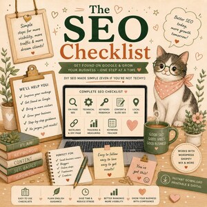 May include: An SEO checklist guide featuring a cat wearing glasses, a laptop displaying an SEO dashboard, clipboards with text, a stack of books labeled Plan, Keywords, Content, SEO Basics, and Growth, a mug, and various notes with motivational text.