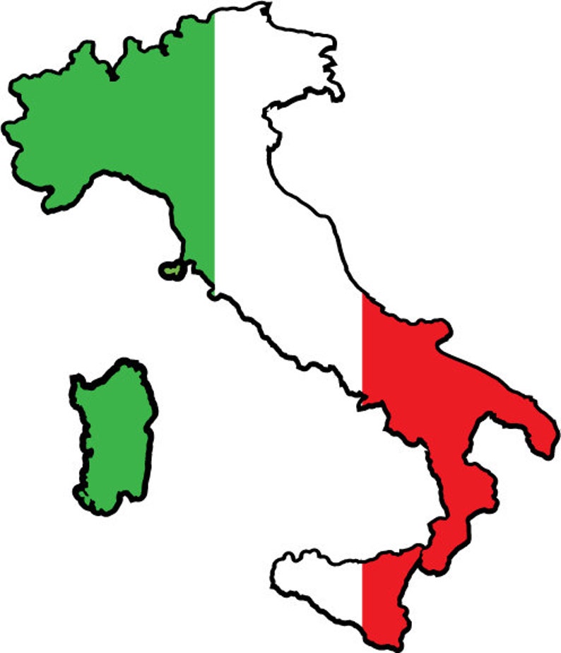 May include: A map of Italy with the Italian flag colors: green, white, and red.