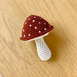 May include: A crocheted mushroom toy with a brown cap and white spots, and a cream-coloured stem.