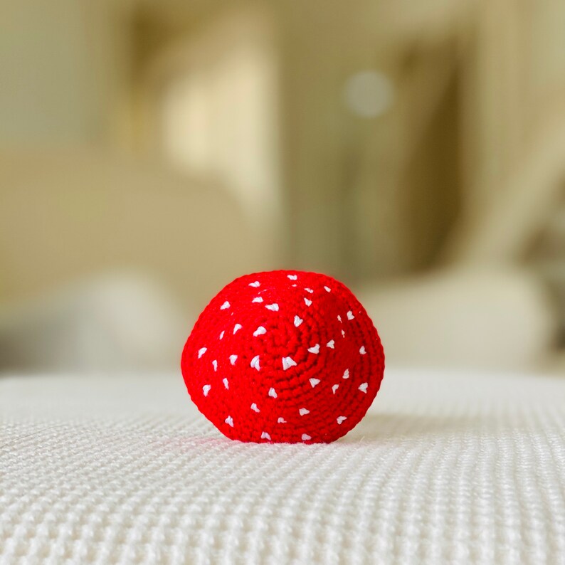 May include: A red crocheted mushroom with white polka dots. The mushroom is sitting on a white surface.