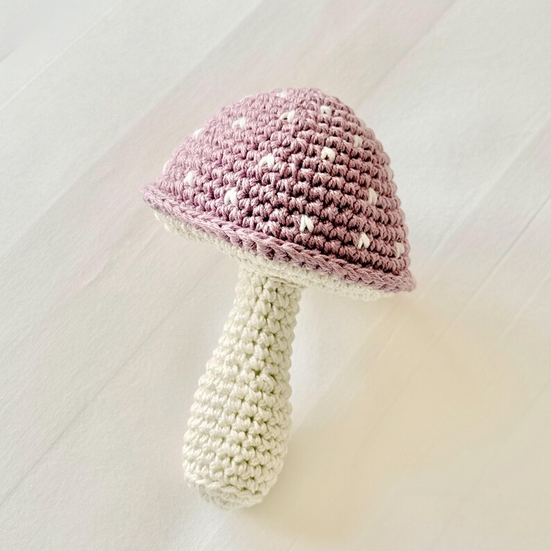 Crochet Toadstool Baby Rattle: Handmade Cotton Mushroom Toy Purple