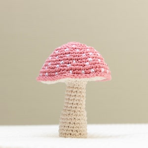 May include: A crocheted mushroom toy with a pink and white cap and a beige stem.
