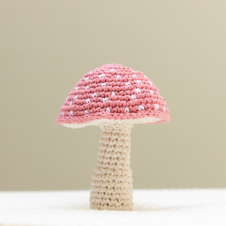 May include: A crocheted mushroom toy with a pink and white cap and a beige stem.