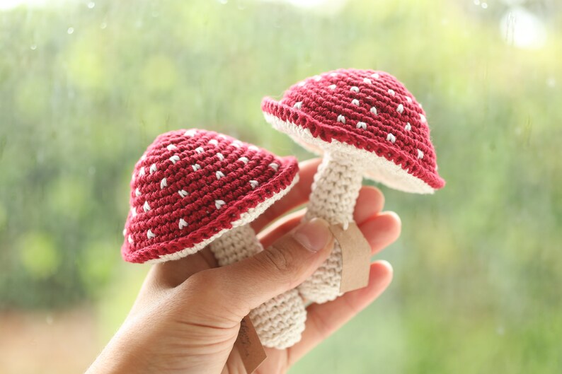 May include: Two crocheted mushroom toys, one red with white dots and one white, held in a hand.