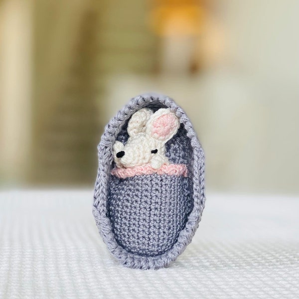 Mini Mouse in Moses basket - Cute Handmade Gift - Crochet Mouse in Crib