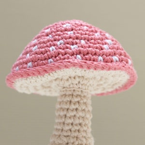 May include: A crocheted mushroom toy with a pink and white cap and a cream-coloured stem.