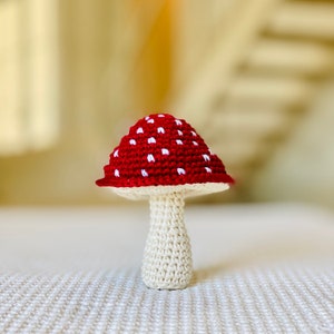 May include: A crocheted mushroom toy with a red and white spotted cap and a cream-coloured stem.
