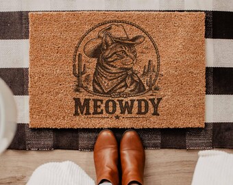 Meowdy Cowboy Cat Doormat, Western Cat Portrait Entryway Decor, Coir Mat