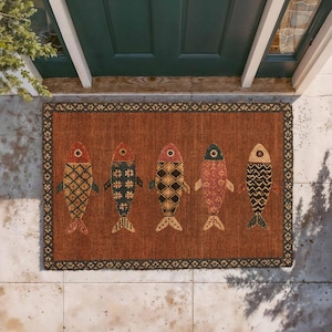 Folk Art Fish Doormat, Colorful Coastal Entryway Rug, Mediterranean Boho Nautical Decor