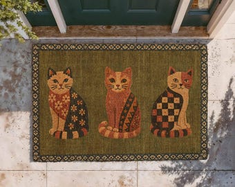 Folk Art Cat Doormat, Cat Lover Entryway Decor, Cottagecore Porch Rug