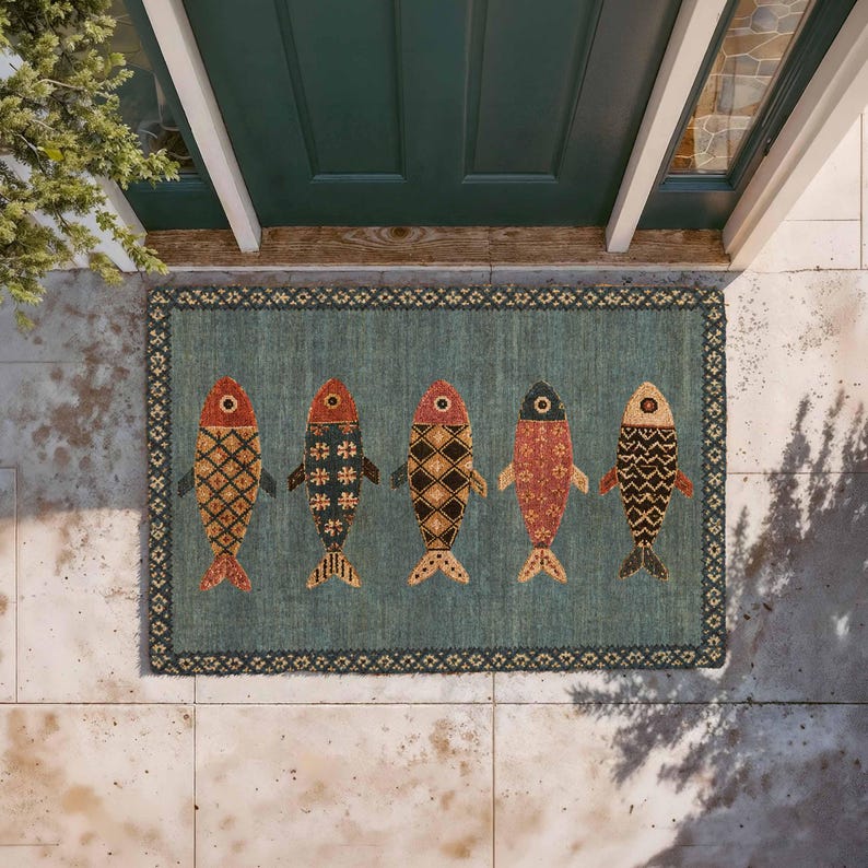 May include: A rectangular doormat with a teal background and a dark border featuring a repeating geometric pattern. Five stylized fish are arranged horizontally across the center, each decorated with unique, intricate patterns in shades of red, orange, and black.