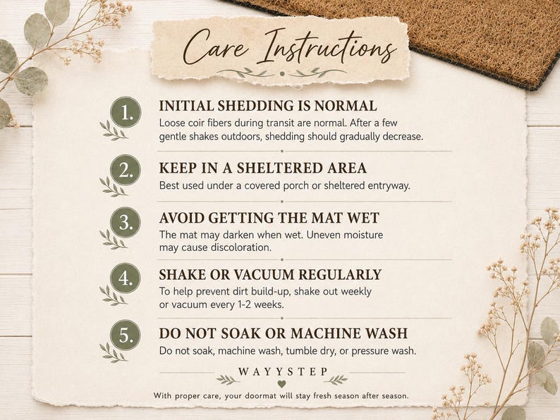 May include: A rectangular informational card titled Care Instructions with a beige textured background. It lists five numbered points in dark green circles regarding coir doormat maintenance, including shedding, shelter, moisture, cleaning, and washing.