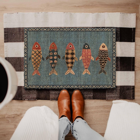 Folk Art Sardine Doormat, Colorful Fish Coastal Entryway Mat, Mediterranean Porch Decor