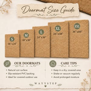 May include: A doormat size guide displaying five rectangular tan coir mats labeled S, M, L, XL, and XXL with dimensions in inches. Text includes Doormat Size Guide, Our Doormats with features like natural coir and PVC backing, Care Tips, and Wayystep.
