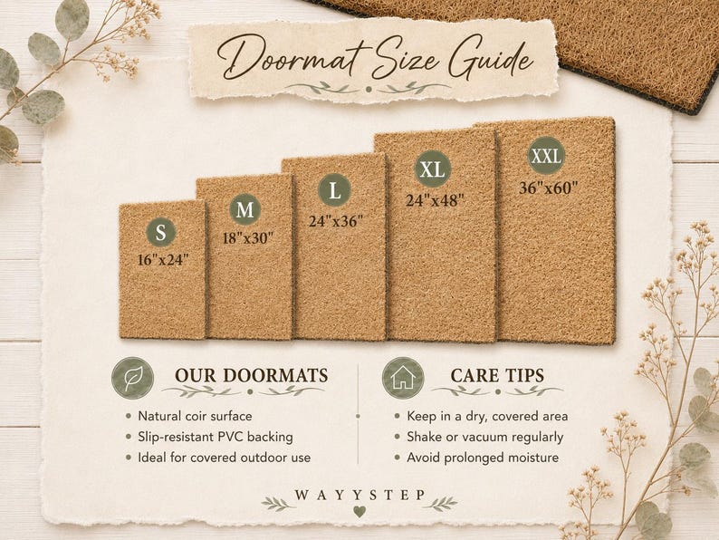 May include: A doormat size guide displaying five rectangular tan coir mats labeled S, M, L, XL, and XXL with dimensions in inches. Text includes Doormat Size Guide, Our Doormats with features like natural coir and PVC backing, Care Tips, and Wayystep.