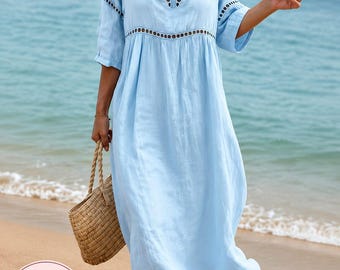 Denim Blue Linen Maxi Dress, Boho Loose Fit Beach Vacation Resort Wear