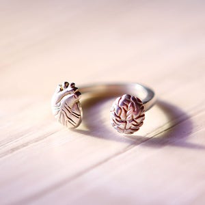 Sterling Silver Anatomical Heart & Anatomical Brain Ring, Sterling Silver Heart Ring, Sterling Silver Brain Ring image 1