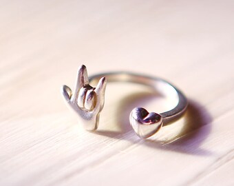 Sterling Silver Love Hand Sign & Heart Shaped Ring, Heart Ring, Love Sign Ring, I love you hand sign Ring, Love Ring