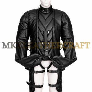 Leather Straitjacket Suit, Black Cowhide Restraint Jacket with Thigh Straps, Buckles, Custom Unisex Fit