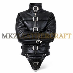 Leather Straitjacket Bodysuit, Black Buckle Jacket with Back Lacing, Custom Gothic Costume for Men