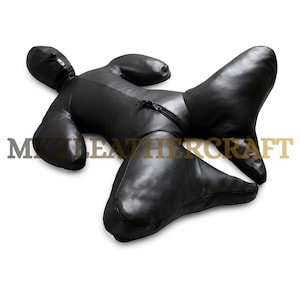 May include: A black full-body suit made of smooth material that covers the head, arms, and legs, featuring a central zipper closure across the torso. The text MYZ LEATHERCRAFT is overlaid across the center of the suit in a bold, sans-serif font.