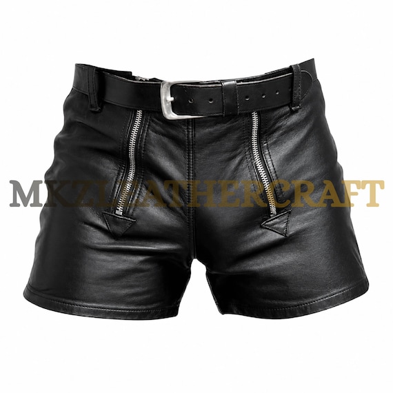 Mens Genuine Leather Shorts, Black Belted Zip Detail Shorts with Back Pockets, Custom Fit