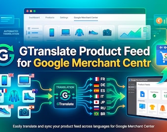 Puede incluir: Una infografía digital titulada GTranslate Product Feed for Google Merchant Centr, que ilustra un flujo de trabajo donde los datos de productos fluyen desde un panel de control a través de un motor de traducción hacia múltiples idiomas y una interfaz final.