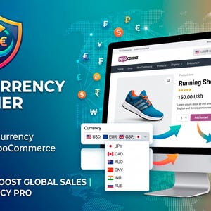 May include: A digital graphic for the WOOCURRENCY SWITCHER plugin featuring a computer monitor displaying an e-commerce product page for Running Shoes PRO. The interface shows a currency dropdown menu and conversion labels for USD, EUR, and JPY.