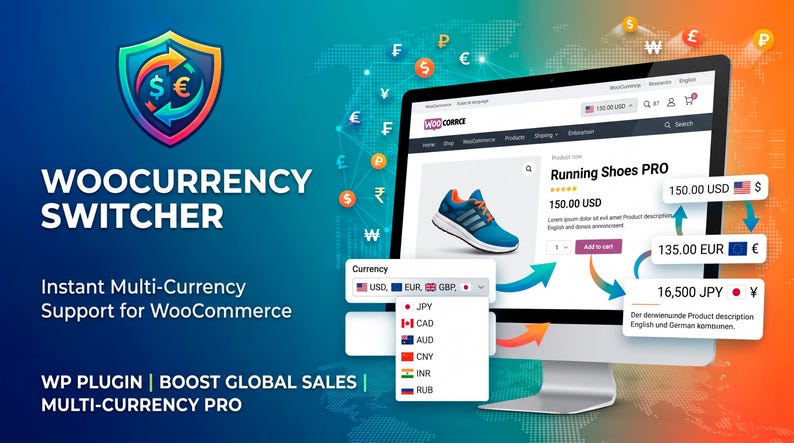 Puede incluir: Un gr&aacute;fico digital para el plugin WOOCURRENCY SWITCHER que muestra un monitor de computadora con una p&aacute;gina de producto de comercio electr&oacute;nico para Running Shoes PRO. La interfaz muestra un men&uacute; desplegable de divisas y etiquetas de conversi&oacute;n.