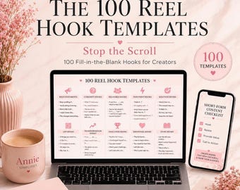 May include: A digital product display featuring The 100 Reel Hook Templates on a laptop screen and a smartphone. The screen shows categorized fill-in-the-blank hooks for creators, including bold, curiosity, relatable, pain point, and solution hooks.