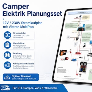Bedradingsschema voor camperombouw 12V/230V | Victron MultiPlus bedradingsschema, kabeldoorsnedetabel en onderdelenlijst | Digitale doe-het-zelfgids