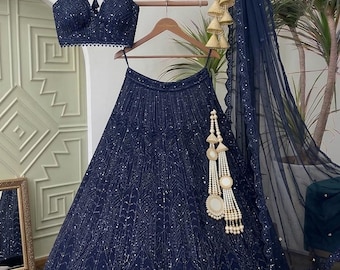Navy Blue Net Sequin Lehenga Choli Women's Festive Wear
