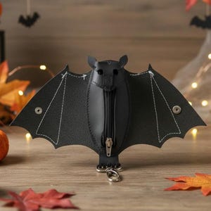 May include: A black bat-shaped coin purse featuring a central vertical zip closure, pointed ears, and wide wings with white stitched detailing. The accessory includes a silver-toned metal lobster clasp attached to the bottom for secure key storage.
